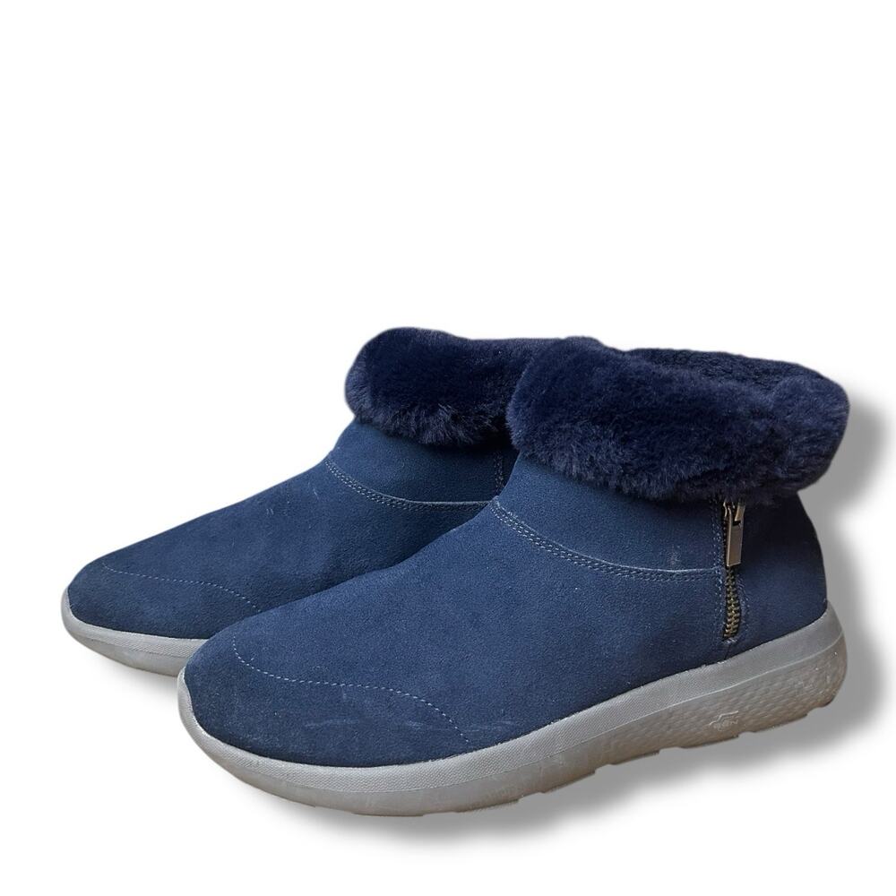 SKECHERS GogaMat Blue Suede Leather Faux Fur Ankle Boot Casual Comfort Size 10